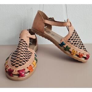 NEW Girl's Leather Mexican Huarache Tan Multi-Colored Sandals 1 Youth